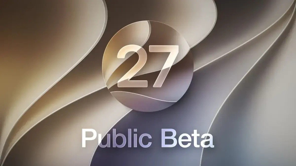 金色から紫へと流れる曲線の背景に、円形のバッジの中に「27」と書かれ、その下に「Public Beta」の文字がある