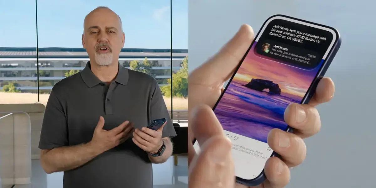 左は男性がApple Parkを背にiPhoneを持って話す様子、右はiPhoneの画面に相手が新しい住所をメッセージで送ってきたことを知らせる通知とメッセージのプレビューが表示されている