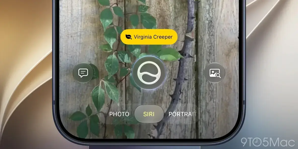 iPhoneのカメラ画面。下部にPHOTO・SIRI・PORTRAITのモード切り替えが並び、SIRIモードで葉に「Virginia Creeper」と植物名が表示されている