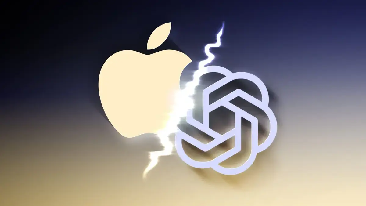 暗い背景に、左のAppleのリンゴのロゴと右のOpenAIのロゴが、中央を走る稲妻で二つに分けられている合成画像