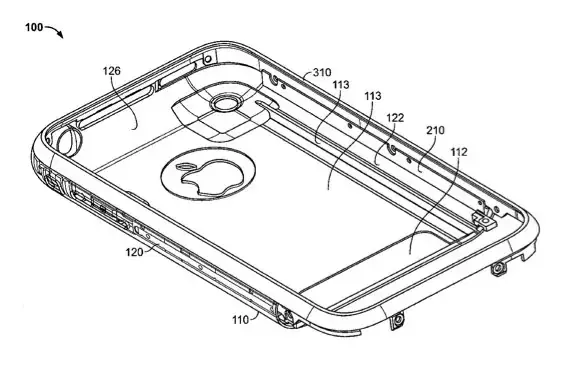 参照番号が振られたiPhone筐体の特許線画。中央にAppleロゴの切り抜きがある