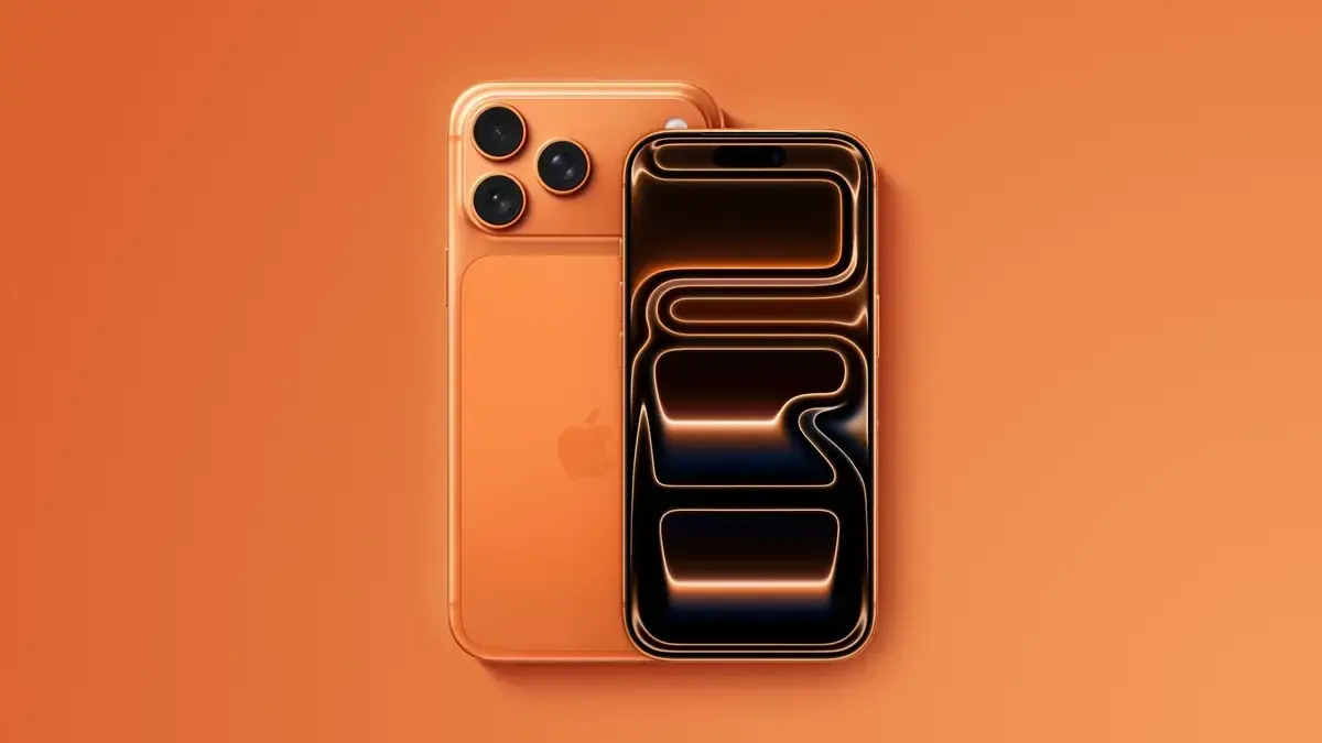 オレンジ色のiPhone 18 Proの前面と背面。前面のディスプレイに抽象的な壁紙が表示され、背面に3眼カメラとAppleロゴが見える