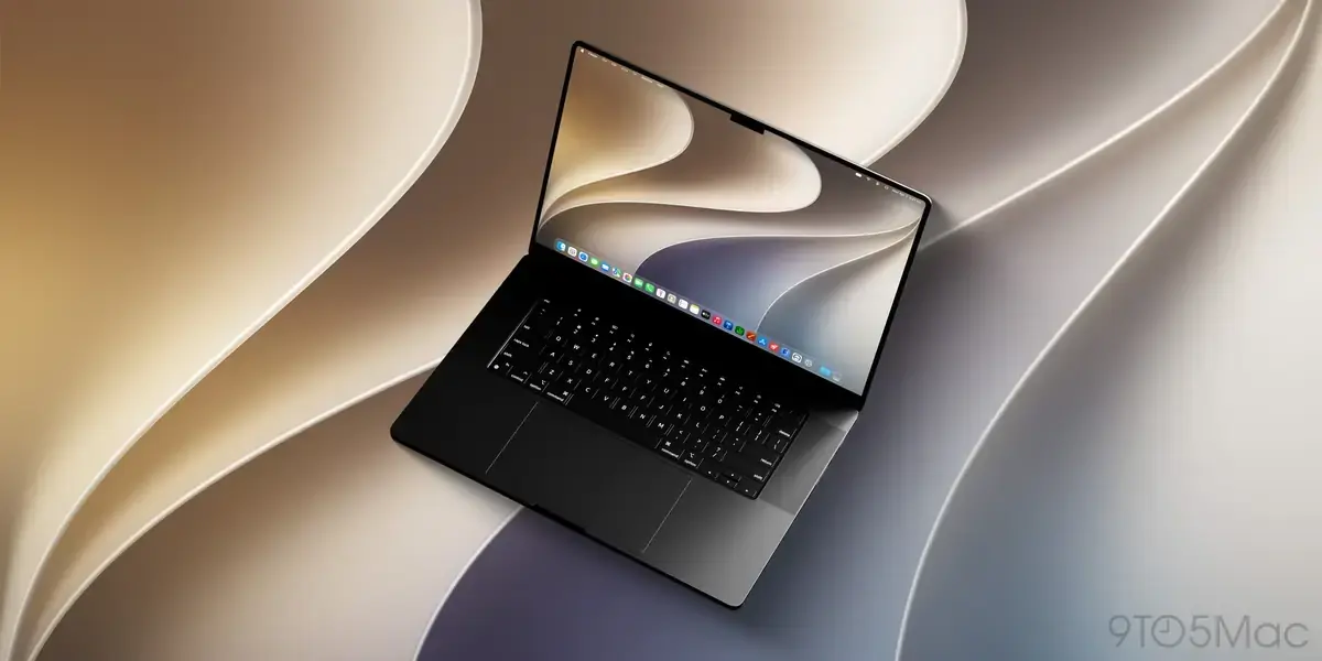 うねる曲線のベージュと紫の壁紙を背景に、同じ壁紙を表示したMacBookが斜め上から写り、画面下部にDock、手前にキーボードとトラックパッドが見える