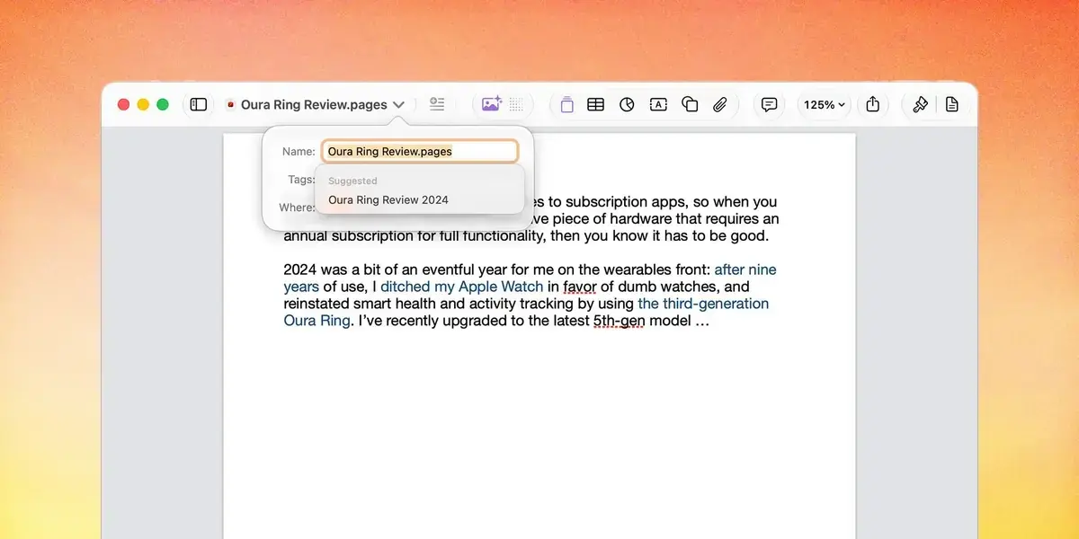 Pagesの書類ウィンドウで名前変更のポップオーバーが開き、Nameの欄に「Oura Ring Review.pages」、その下のSuggestedという見出しに候補「Oura Ring Review 2024」が並んでいる