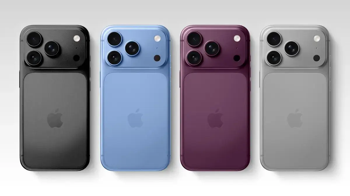 黒・青・濃い赤紫・シルバーのiPhone背面が4本横に並んだモックアップ。背面中央のMagSafe部分は本体と同色で継ぎ目が見えない