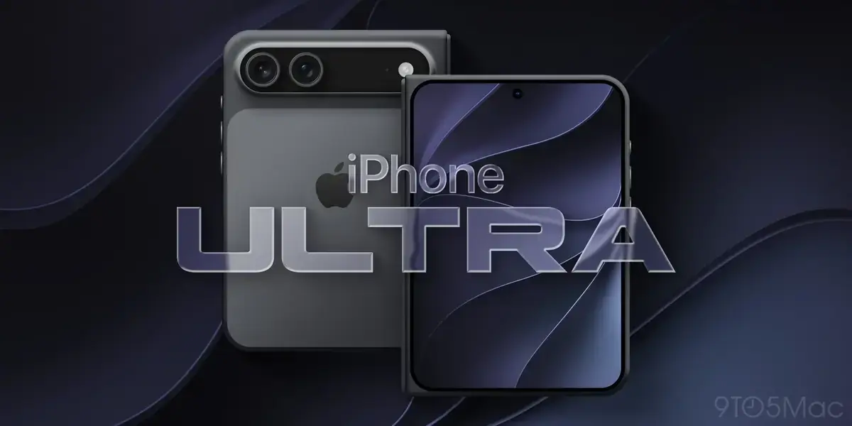 折りたたみスマートフォンの内側画面と、背面にデュアルカメラを備えた本体を並べたコンセプト画像。中央にiPhone ULTRAの文字