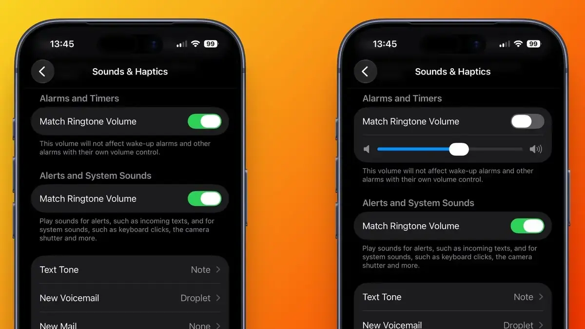 iPhoneの「サウンドと触覚」設定を並べた2画面。左は「アラームとタイマー」の「着信音の音量に合わせる」がオン、右はオフにして専用の音量スライダが現れた状態