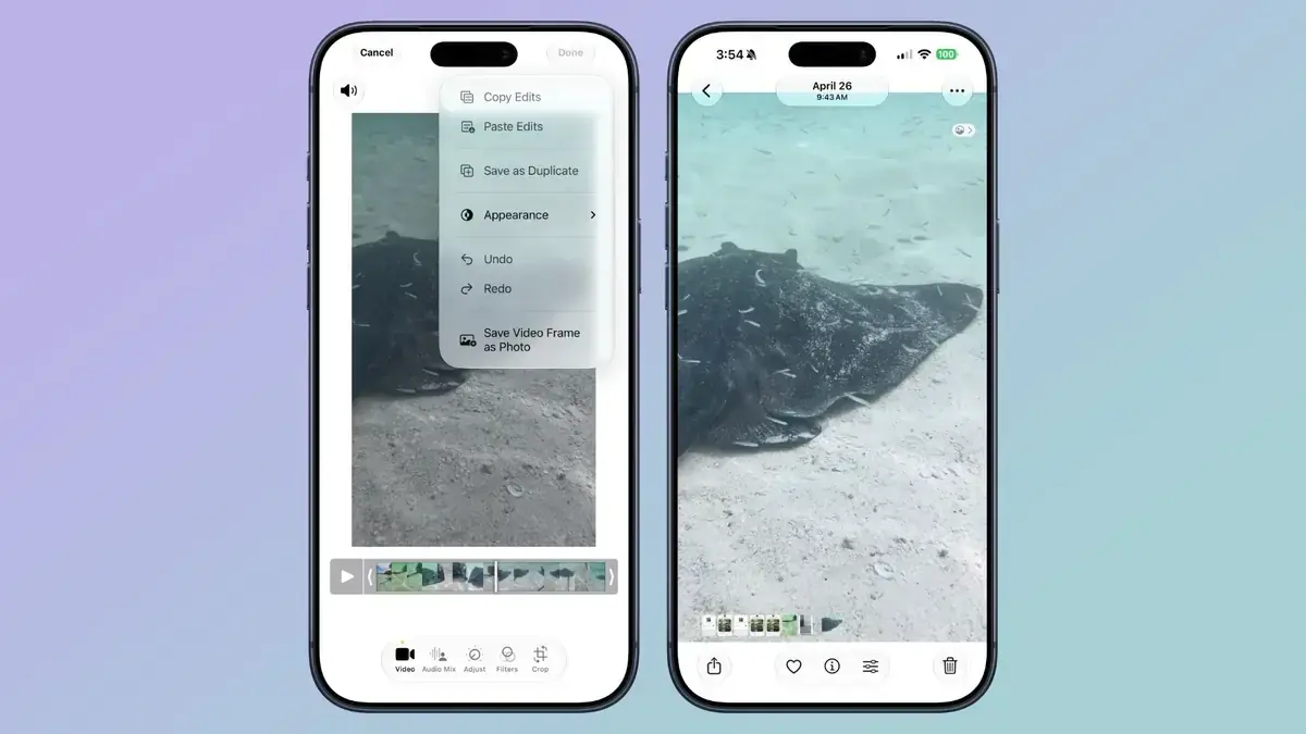 写真アプリで動画を編集中のiPhone画面。メニューの最下段に「Save Video Frame as Photo」が並び、右の画面では抜き出したエイの写真がライブラリに保存されている