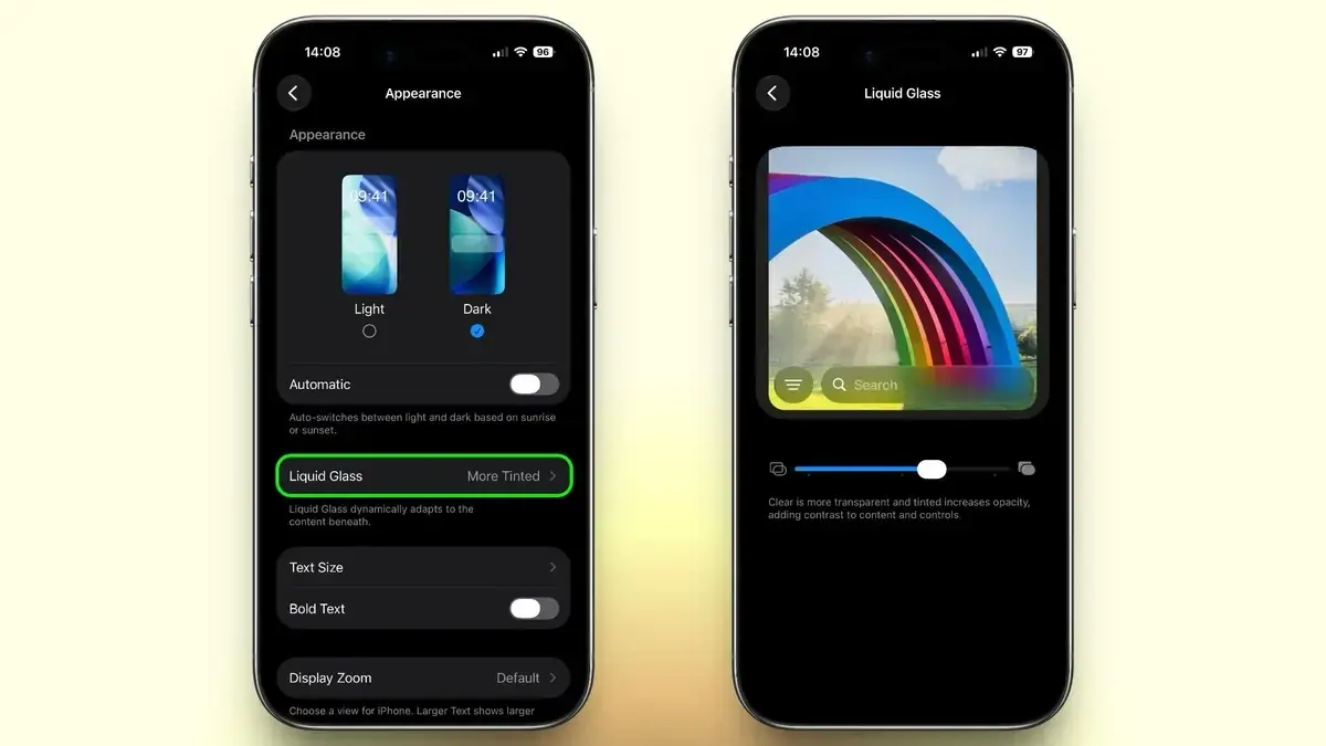 iPhoneの「外観」設定と、その中のLiquid Glass設定画面。虹のアーチを背景にした検索バーの見本の下に、透明度を変えるスライダが1本置かれている
