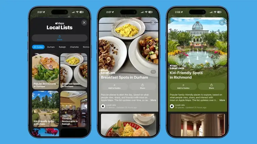 マップの「Local Lists」を映した3画面。ガイドの絞り込みタブにDurham・Raleigh・Charlotte・Richmondと米国の都市名が並び、朝食の店や子ども向けの場所が写真つきで一覧になっている