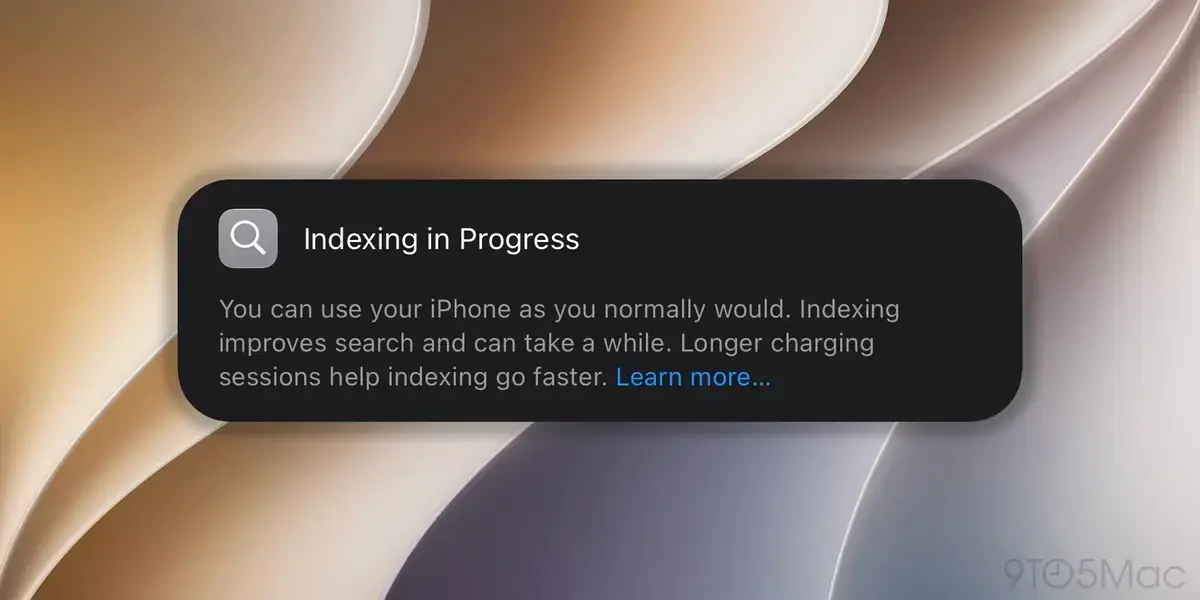 iOSの壁紙を背景に、虫めがねアイコンと「Indexing in Progress」の見出しが付いた通知バナーが1枚だけ表示されている画面