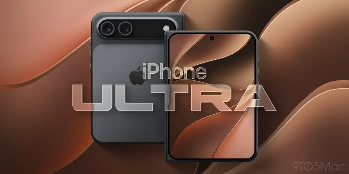 オレンジの抽象的な背景に、閉じた折りたたみiPhoneの背面と開いた内側画面の2枚を並べ、「iPhone ULTRA」の文字を重ねた合成画像