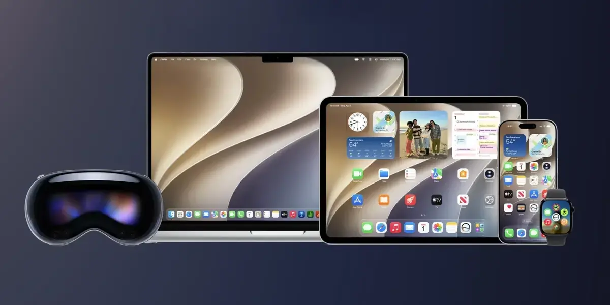 濃紺の背景に、Apple Vision Pro、MacBook、iPad、iPhone、Apple Watchが左から順に並び、それぞれの画面に同じ模様の壁紙とウィジェットが表示されている