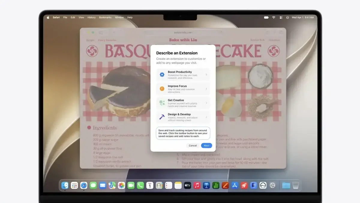 MacBookの画面でSafariにレシピサイトが開き、その上にDescribe an Extensionというダイアログが重なっている。Boost Productivity、Improve Focus、Get Creative、Design & Developの4項目と、入力欄にレシピを保存する拡張機能の指示文が書かれている