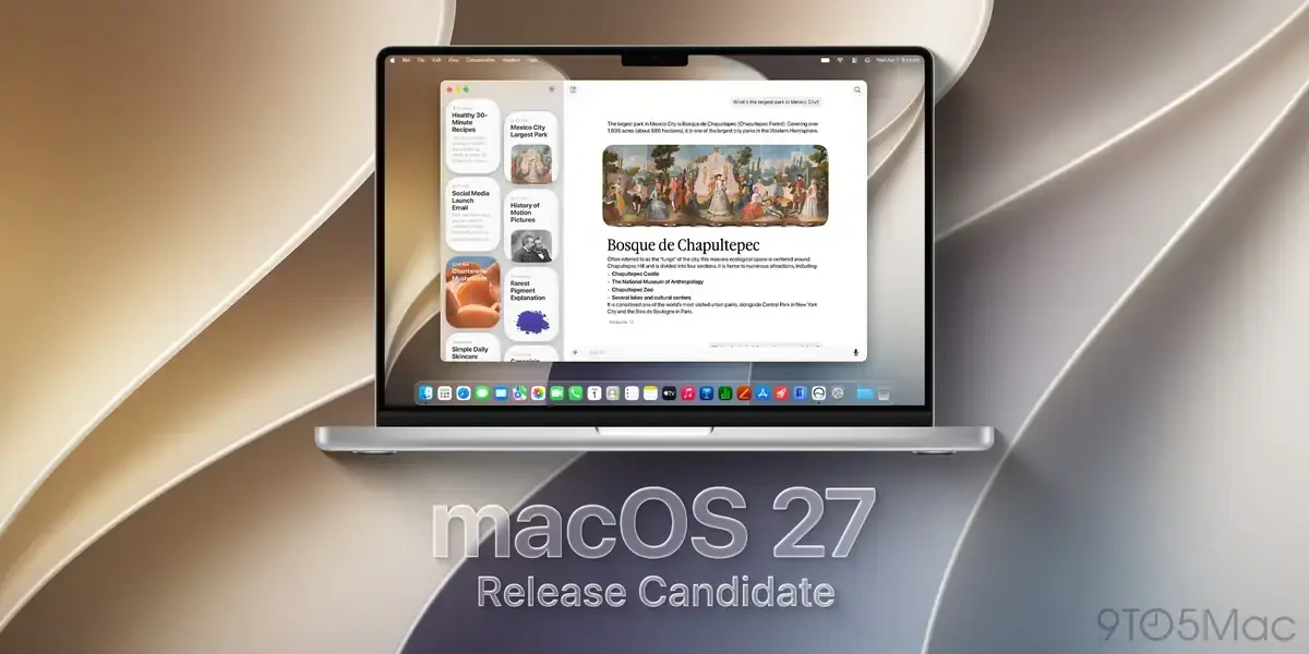 MacBookの画面に新しいSiriアプリが開き、メキシコシティの最大の公園についての質問に、画像付きの回答が表示されている。左側には過去の会話の一覧が並び、画像の下にmacOS 27 Release Candidateと書かれている