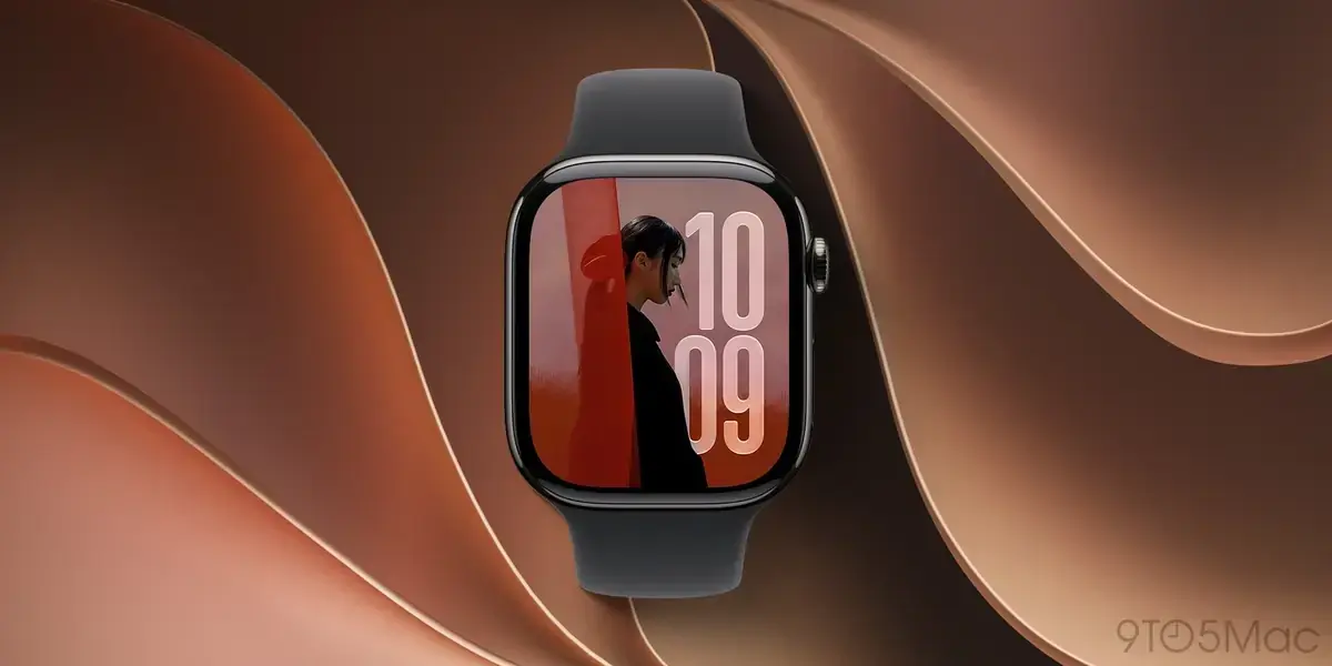 オレンジと赤のうねる背景に置かれた、黒いスポーツバンドのApple Watch。画面には人物の写真の上に10時09分が縦に大きく重なっている