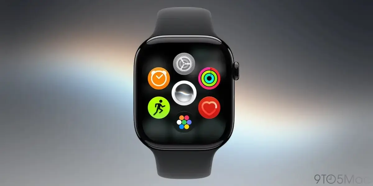 黒いApple Watchの画面に、中央の白い丸いアイコンを囲んで設定・アクティビティ・アラーム・ワークアウト・ヘルスケア・App Storeの6つのアプリアイコンが円状に並んでいる