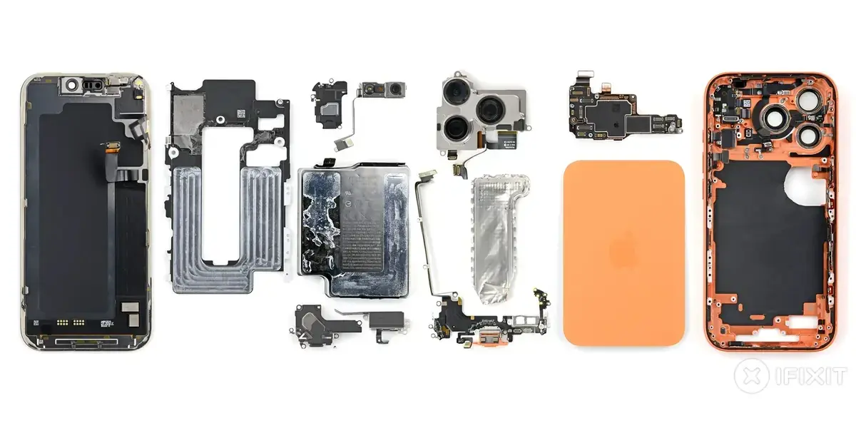 白い背景の上に、分解したiPhoneの部品が横一列に並んでいる。左からディスプレイ、金属フレーム、バッテリー、カメラユニット、ロジックボード、オレンジ色の背面パネルと本体フレーム
