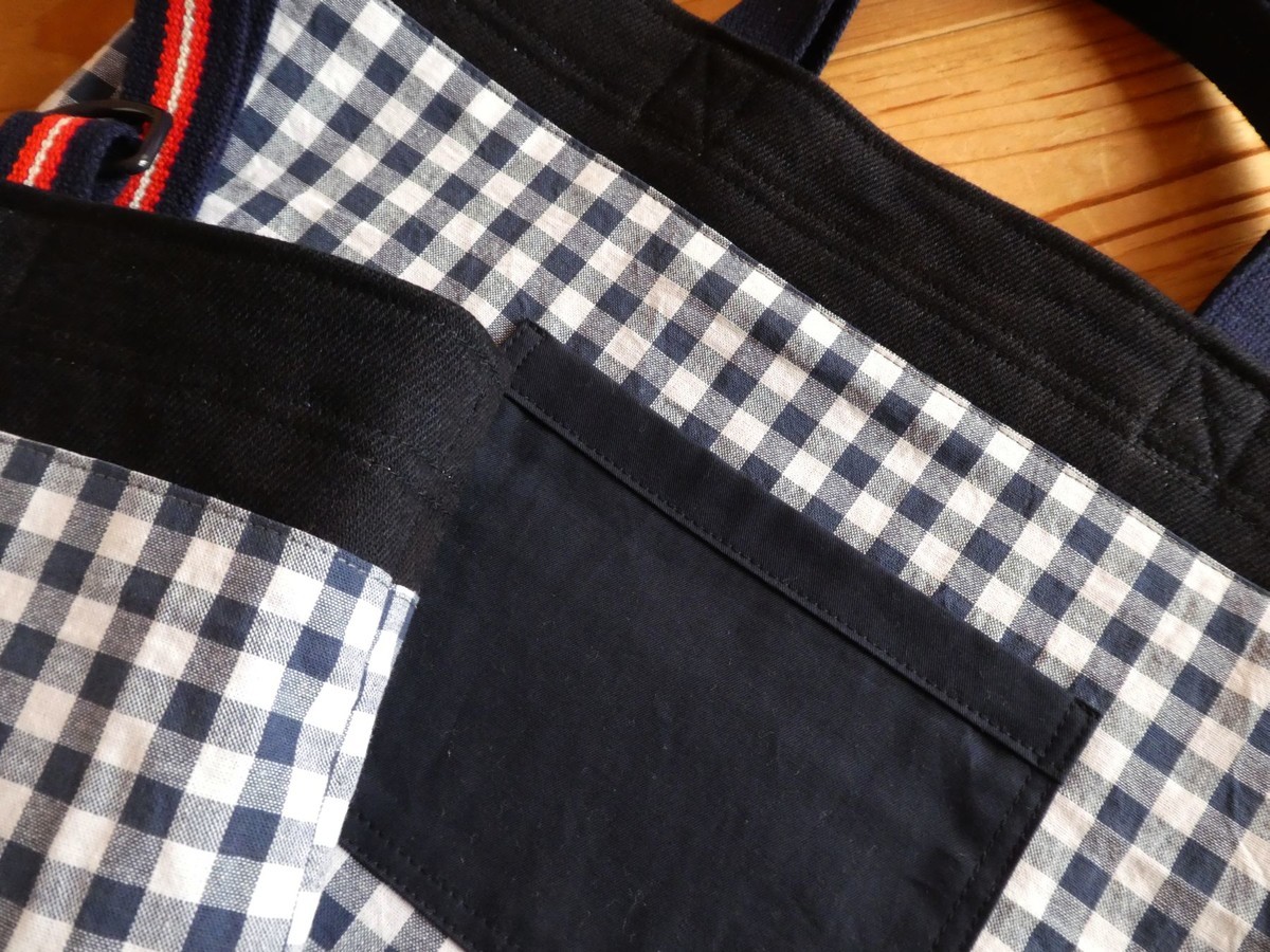 creema＞濃紺デニム スマイル お名前刺繍入り レッスンバッグ