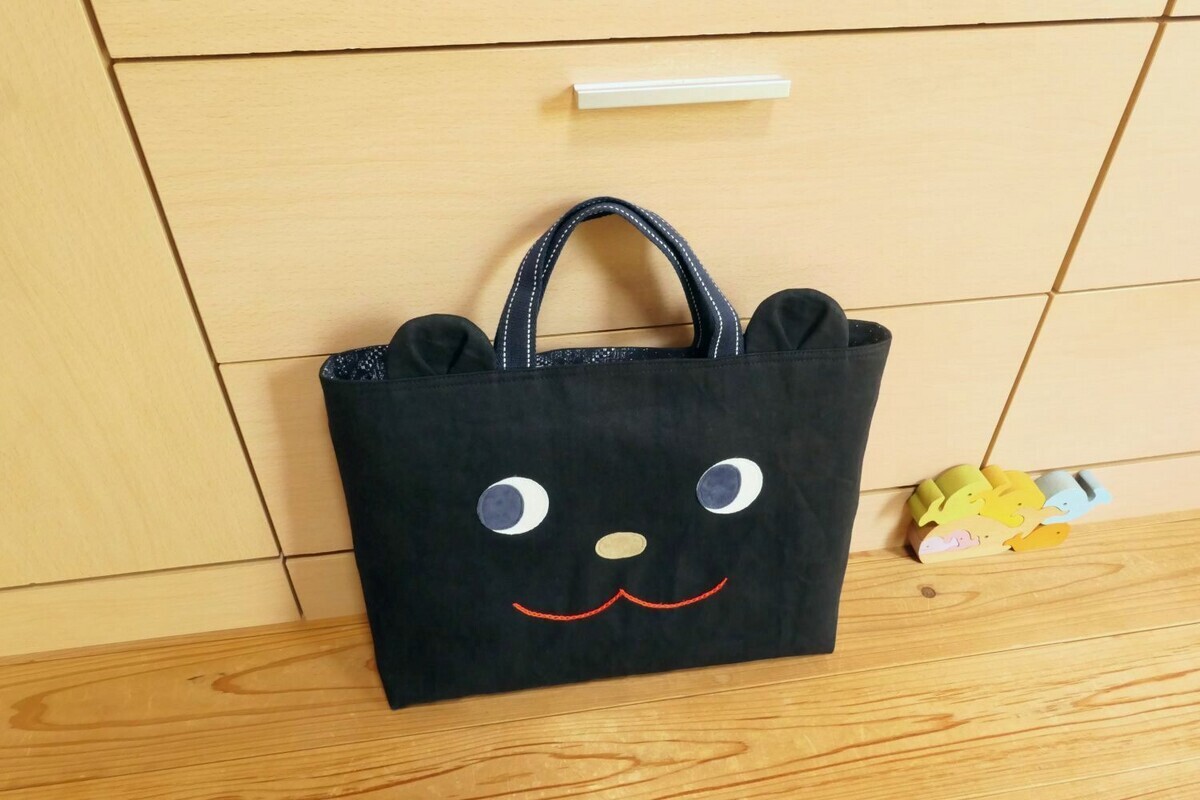 minne＞黒デニム×バンダナ柄 クマさん レッスンバッグ 男の子