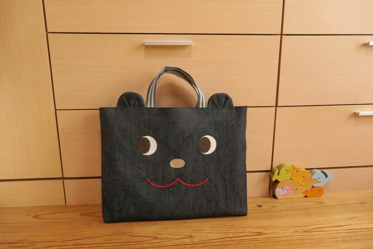 minne＞紺デニム×ブルーグレー クマさん レッスンバッグ 出品