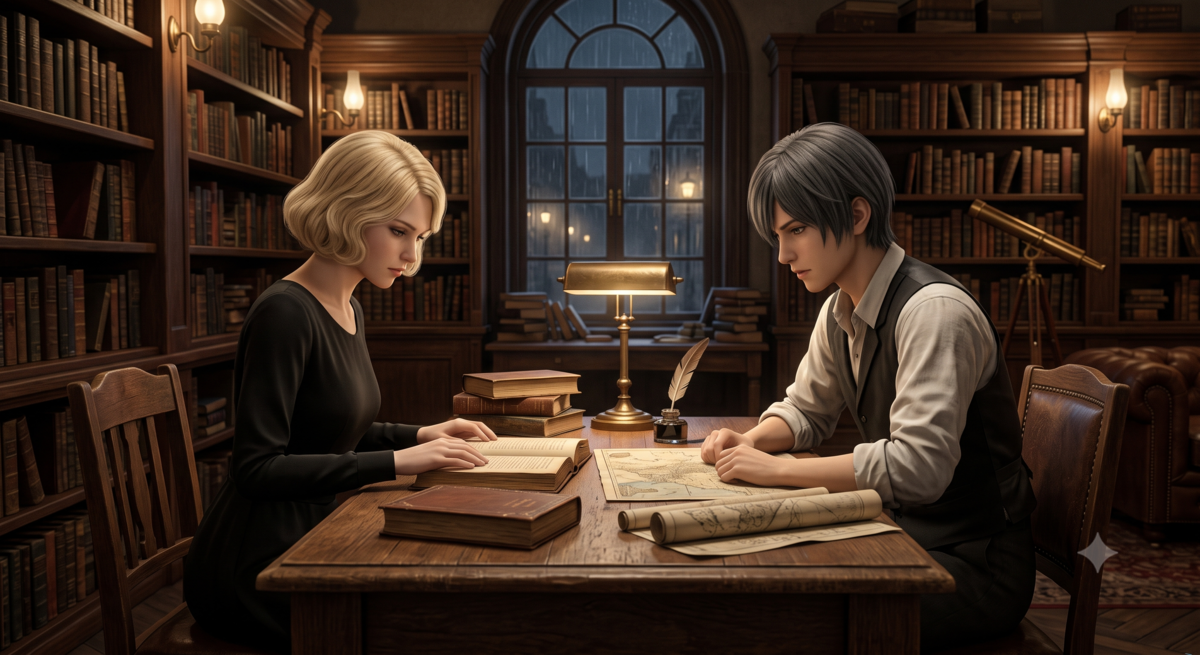 Lilith and Comet,In the library.