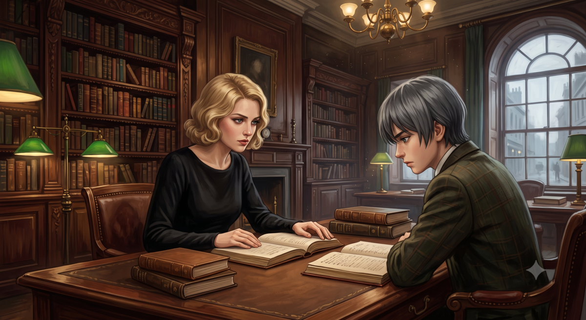 Lilith and Comet,In the library.