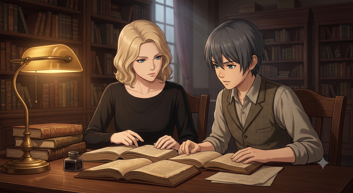 Lilith and Comet,In the library.