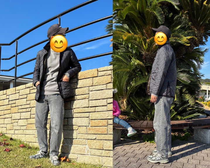 ラベンハムの黒キルティングジャケットとグレーのリーバイス568を合わせた大人のカジュアルコーデ | Lavenham quilted jacket paired with Levi's 568 Stay Loose jeans