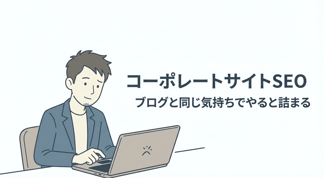 ノートPCに向かう男性のイラストと『コーポレートサイトSEO/ブログと同じ気持ちでやると詰まる』というタイトル文字