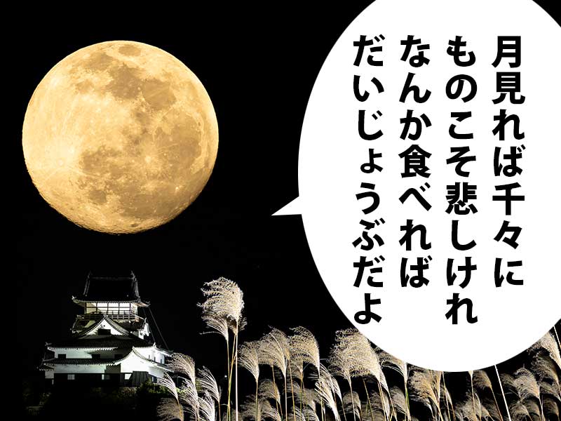 満月とすすき。吹き出しには『月見れば千々にものこそ悲しけれ なんか食べればだいじょうぶだよ』