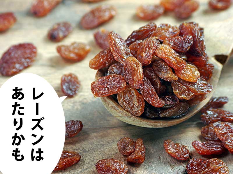 机の上に散らばるレーズンとスプーンに乗ったレーズン。吹き出しに『レーズンは あたりかも』