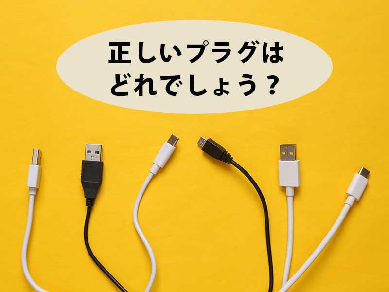 USBケーブルの群れ。吹き出しに「正しいプラグはどれでしょう？」