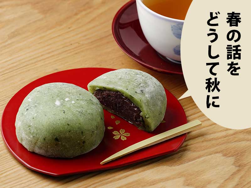 卓上に赤い皿に乗った草餅と２つに割った草餅、それと黒文字。傍らにほうじ茶。吹き出しには『春の話を どうして秋に』