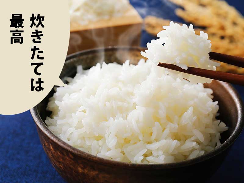 青い布の上に枡に入った白米と茶碗に炊きたてご飯。稲も添えてある。吹き出しに『炊きたては最高』
