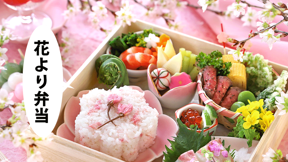 豪華な花見弁当と桜。吹き出しに「花より弁当」