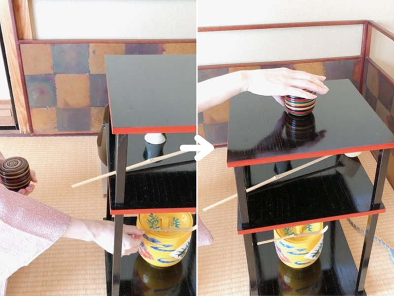 裏千家茶道風炉の薄茶の棚点前の手順（更好棚）