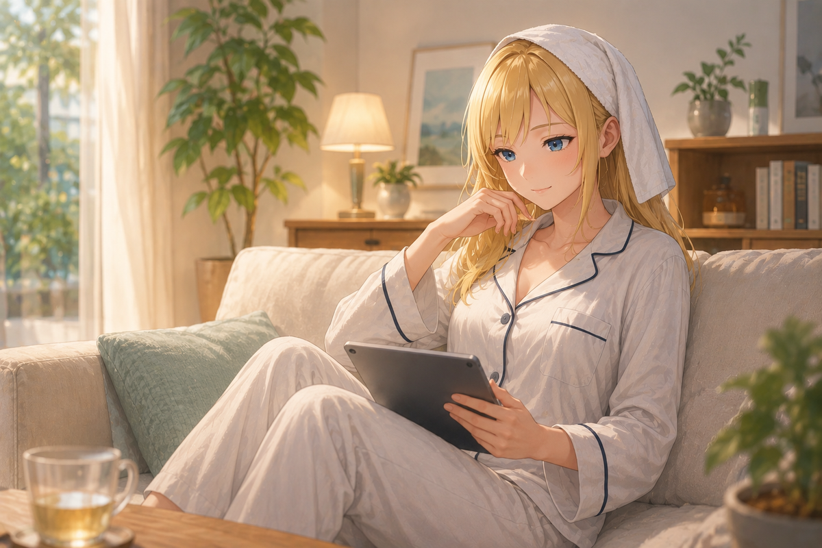 2026年5月の月次資産まとめアイキャッチ。パジャマ姿でタブレットを眺めながら、落ち着いた朝の時間を過ごすカレン。