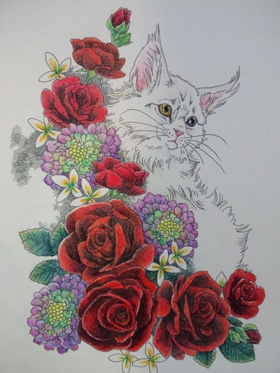 絵画。原画【月の白い猫に美しいバラを三本植えました】 絵画。原画【月の白い猫に美しいバラを三本植えました】 絵画。
