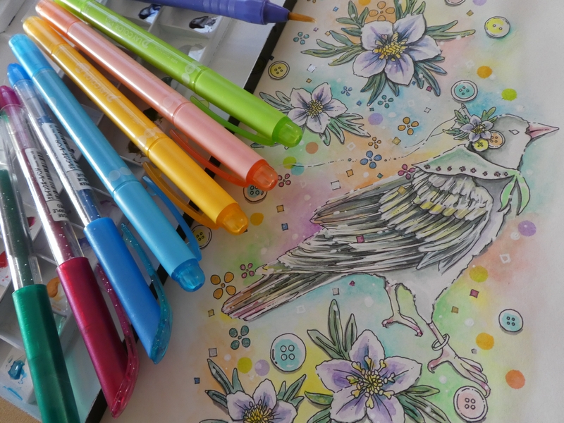 完成】透明水彩で鳥とボタンのページ・塗り過程です☆大橋忍のCOLORING