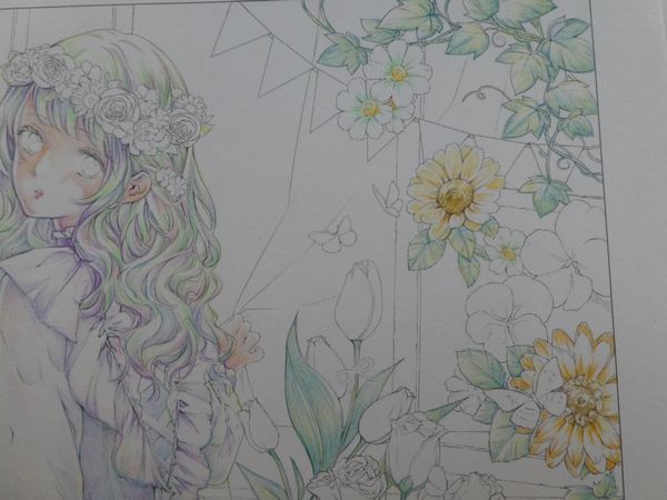 2】赤缶水彩色鉛筆でお花部分を塗ってみました☆SSぬりえより