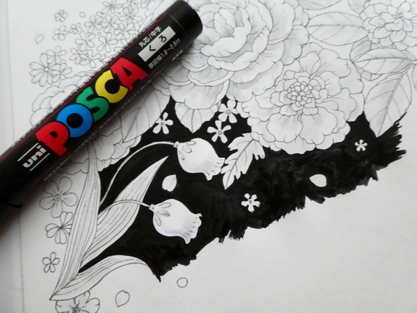 ポスカで黒背景ぬりえを作ってみました 花日和花だよりより 塗り絵日記