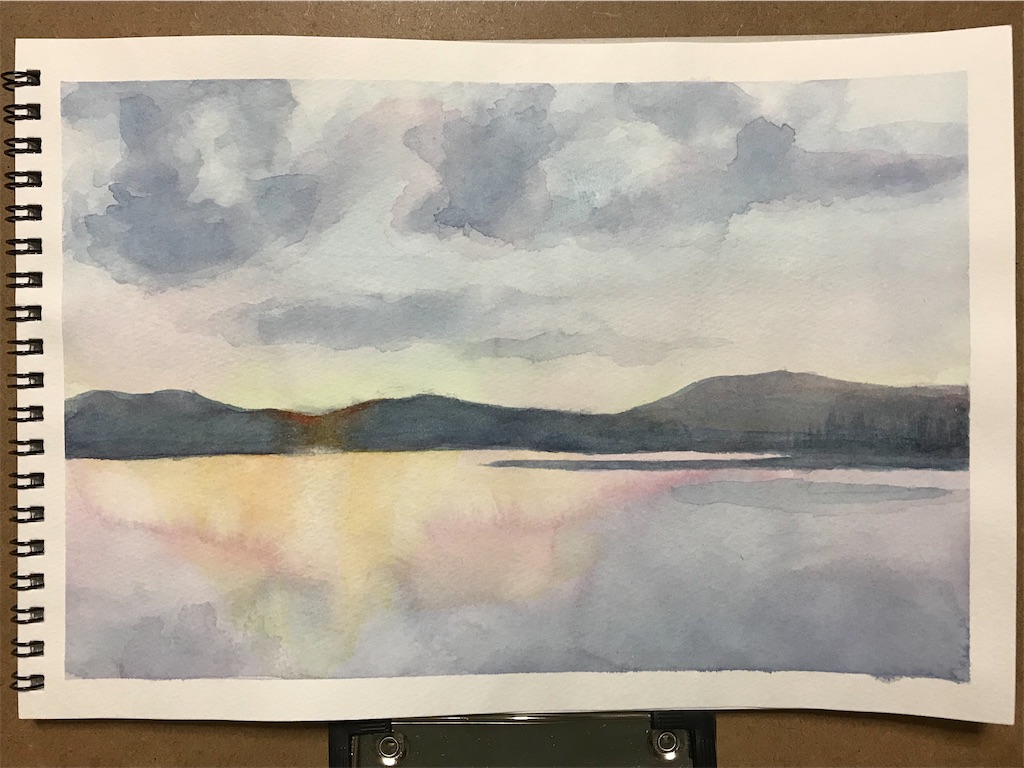 史上最も激安 太陽と水面【水彩画】 絵画