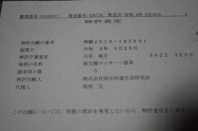 特許査定後に公開された直腸挿入型器具の試作例