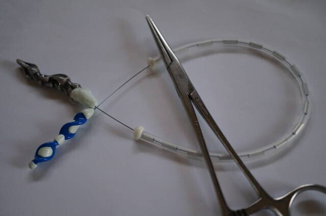 The completed reversible assembly includes paired blue screw-shaped chips and a surrounding sheath.