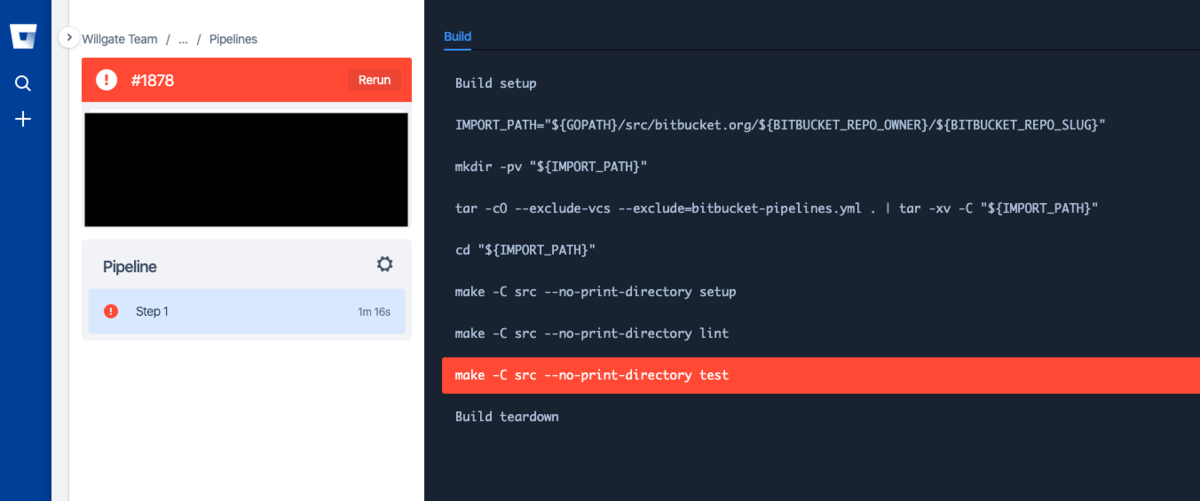 自動テストに失敗している状態の Bitbucket Pipelines の画面