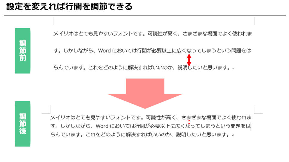 【Word】「メイリオを使うと行間が広くなって困る」、そんなときの対処法を紹介