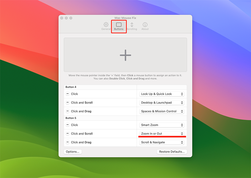 ボタン5+スクロールでズームイン・ズームアウトができる