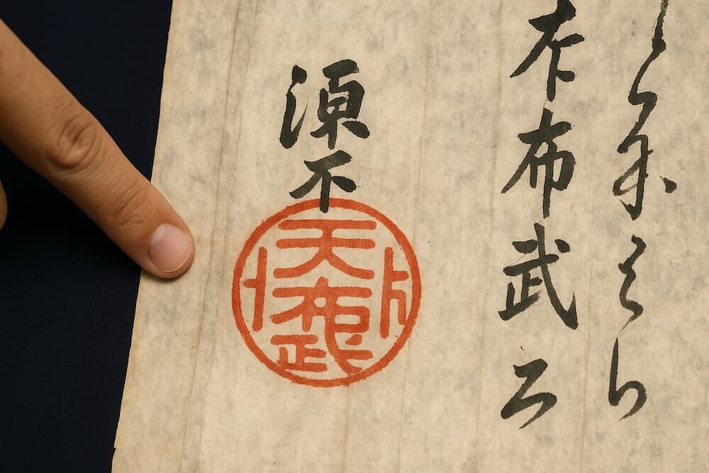 発見された織田信長の朱印状に押印された「天下布武」の朱印の拡大画像のイメージ