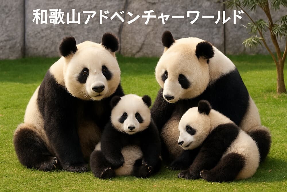 和歌山県のアドベンチャーワールドで飼育されている4頭のパンダのイメージ